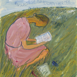 A gouache panting depicting Charlotte Salomon contemplating a letter in solitude.